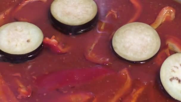 Bereiding Van Zelfgemaakte Lecho Uit Paprika Aubergine Tomatensap Lecho Wordt — Stockvideo