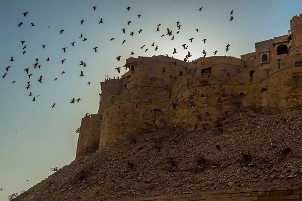 Flock Fåglar Flyger Förbi Murarna Den Gamla Staden Jaisalmer Rajasthan — Stockfoto