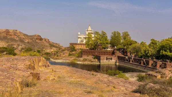 A view across the top of the desert rock park in Jodhpur, Rajasthan, India