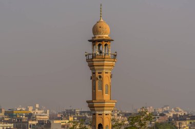 Sabahları Jaipur, Rajasthan, Hindistan 'ın çatısında bir minareye doğru bir manzara.