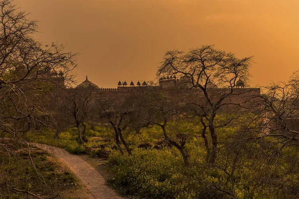 Заброшенные Стены Храмового Комплекса Фатепур Сикри Индия Светятся После Заката — стоковое фото