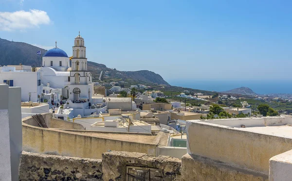 Una Vista Desde Castillo Hacia Iglesia Agios Nikolaos Pyrgos Santorini —  Fotos de Stock