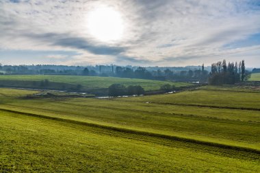 Zayıf kış güneşi, İngiltere 'nin Pitsford Barajı etrafındaki yuvarlanan tepeleri aydınlatıyor.