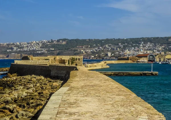 Una Vista Panorámica Largo Pared Del Puerto Chania Creta Día —  Fotos de Stock