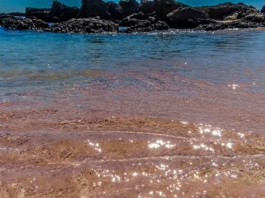 Elafonissi plajında denize bakarken Girit 'te kumun karakteristik pembe tonu görülebilir.