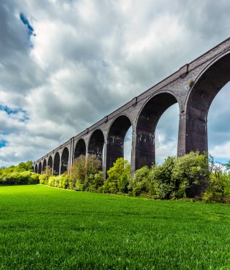 Conisbrough Viaduct 'un kuzeyindeki Conisbrough, Yorkshire, İngiltere' de bahar mevsiminde