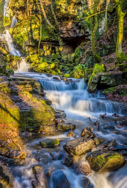 Long Exposure View Water Cascading Waterfalls Lumsdale Bentley Brook Derbyshire — Stock Photo, Image