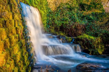 Bentley Brook, Derbyshire, İngiltere 'deki Lumsdale' de uzun soluklu bir şelale manzarası.