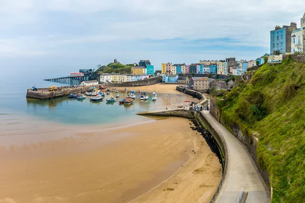 Flygfoto Längs Strandpromenaden Tenby Södra Wales Våren — Stockfoto