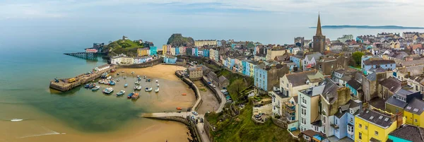 A high level aerial view of Tenby, South Wales in springtime