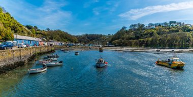 Güneşli bir günde Güney Galler 'deki Lower Fishguard limanına bakan bir manzara