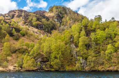 İskoçya 'da bir yaz günü, Katrine Gölü' nün ormanlık ve kayalık güney kıyısının manzarası.