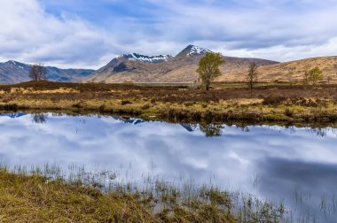 A view across Rannoch Moor and in the shallow waters of Loch Ba near Glencoe, Scotland on a summers day clipart