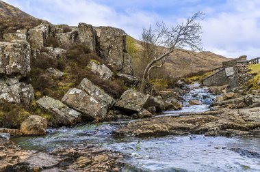 Glencoe, İskoçya 'da bir yaz günü bir dere tepeden aşağı akıyor.