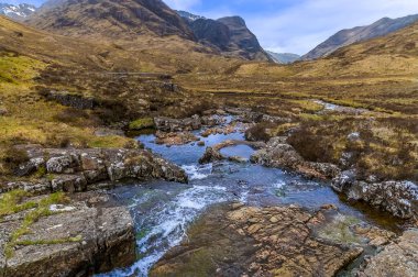 Glencoe, İskoçya yakınlarındaki akıntıların manzarası