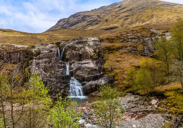 Three Waterfalls Flow Downhill Glencoe Scotland Summers Day — 스톡 사진