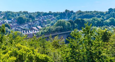Yazın İngiltere 'nin Durham kentindeki Victoria Viyadük' üne doğru ağaç tepelerinden bir manzara