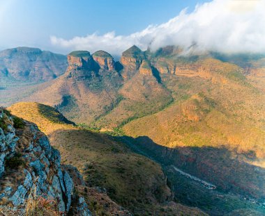 A view down into Blyde River Canyon towards the three Rondavels,  Mpumalanga, South Africa in Springtime
