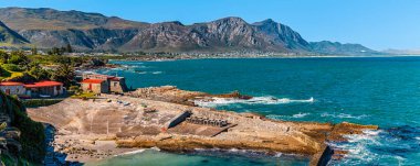 Hermanus, Güney Afrika 'da, ilkbaharda Walker Körfezi boyunca uzanan bir manzara