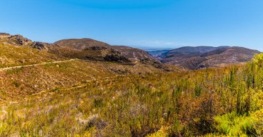 Güney Afrika 'daki Swartberg Dağları' ndaki Swartberg Geçidi 'nin zirvesinden çakıllı yola doğru bir manzara.