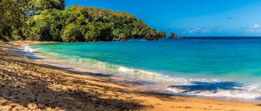 Ocak ayında Tobago 'daki İngiliz Körfezi kıyısında batıya bakan bir manzara.