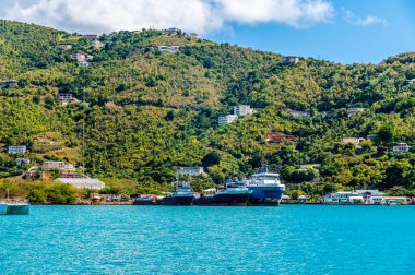 Baughers Bay, Road Town, Tortola 'da demirlemiş balıkçı teknelerine doğru bir manzara