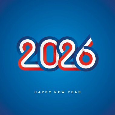 2026 Yeni Yıl kompakt mavi kırmızı Fransa kurdele numarası dizaynı mavi arka planda. Yeni Yıl 2026 konsept şablon tebrik kartı