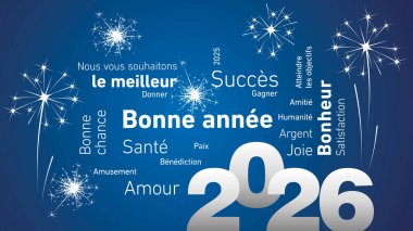 Mutlu yıllar 2026. Yeni Yıl. Tüm dilekler Fransızca kelime bulut metni. Zarif 2026 yıllık takvim numarası ve mavi arkaplan vektörü üzerinde ışık saçan havai fişekler.