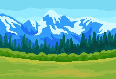 Piksel sanat stili 8bit illüstrasyon video oyunu arka planında vektör dağ manzarası