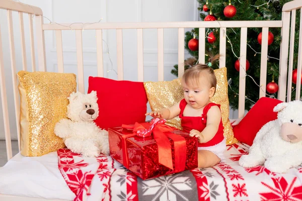 Heureux Petit Bébé Six Mois Dans Berceau Maison Près Sapin — Photo