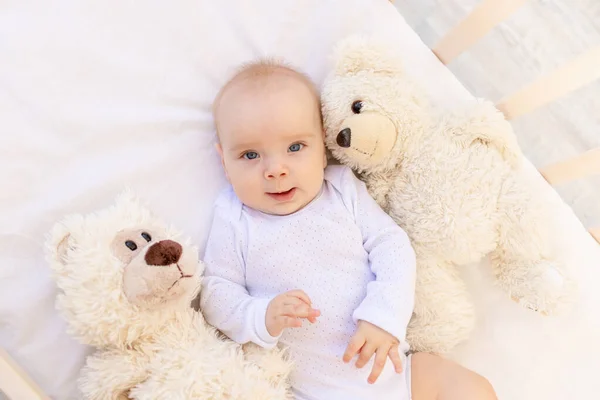 一个小孩的画像一个6个月大的穿着白色紧身衣的女孩躺在小孩床上躺着柔软的玩具熊 — 图库照片
