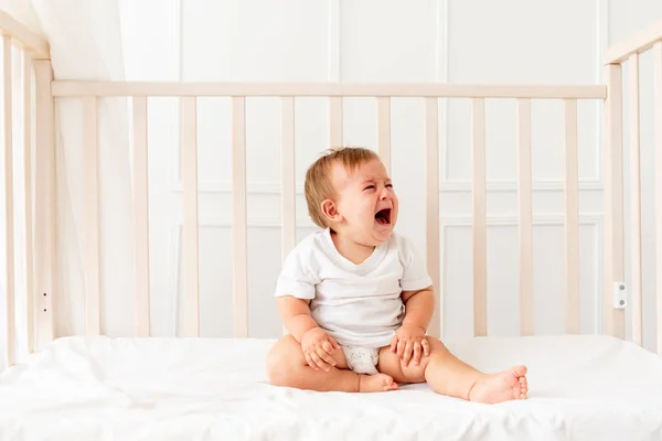 Baby Boy Six Months Old Crying His Crib — Stock Photo, Image