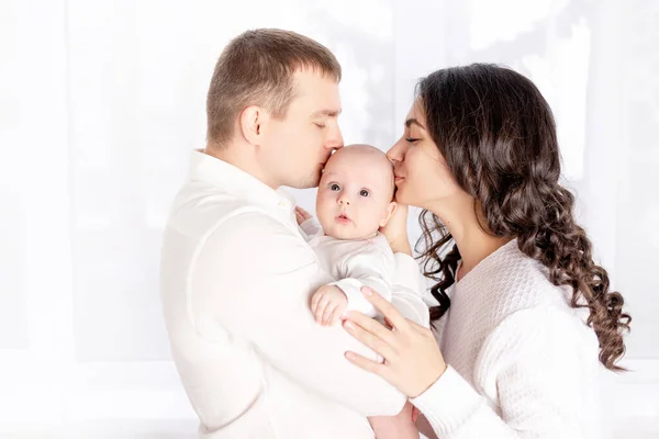 Happy Young Family Newborn Baby Home Window Happy Loving Family — Stock Photo, Image