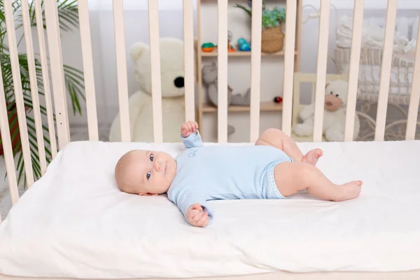Baby Crib Cute Little Boy Six Months Lying Nursery Bed — Stock Photo, Image