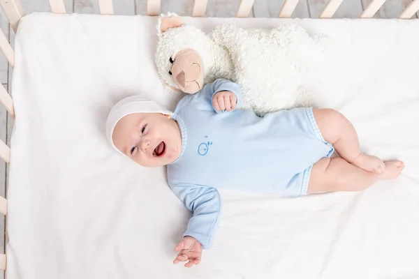 テディベアのおもちゃと子供と出産のコンセプトでベビーベッドで幸せな男の子 — ストック写真