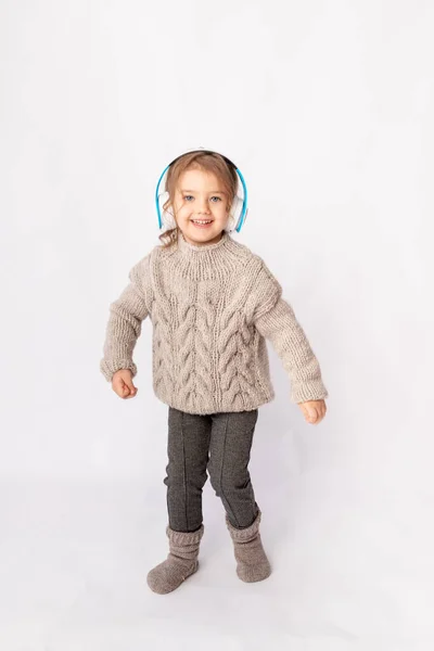 Little Girl Headphones White Background Listening Music Dancing Space Text — Stock Photo, Image