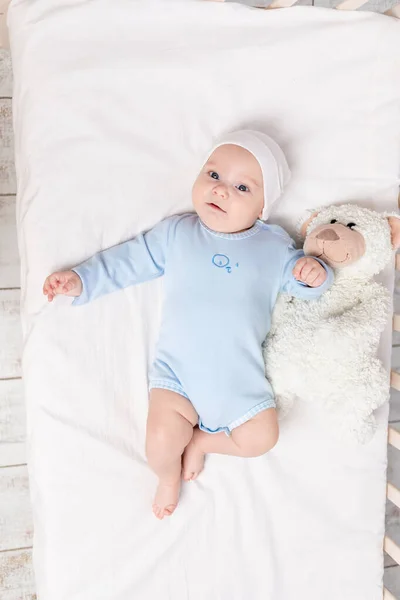 Newborn Baby Boy Crib Teddy Bear Toy Children Birth Concept — Stock Photo, Image