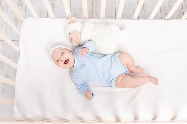 Rindo Bebê Berço Bebê Bonito Meses Com Brinquedo Urso Pelúcia — Fotografia de Stock
