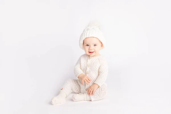 Baby Warm Suit Hat White Isolated Background Space Text — Stock Photo, Image