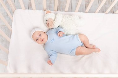 Oyuncak ayıyla beşikteki bebek yatar ya da sabah uyanır, aile ve doğum kavramı.