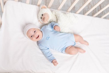 Oyuncak ayı, çocuk ve doğum konseptiyle beşikteki mutlu erkek bebek.