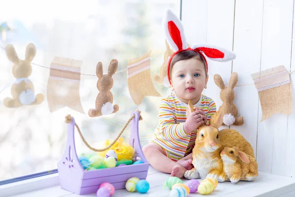 Easter Concept Joyful Baby Hare Ears Sits Window Rabbit Easter — Stock Photo, Image