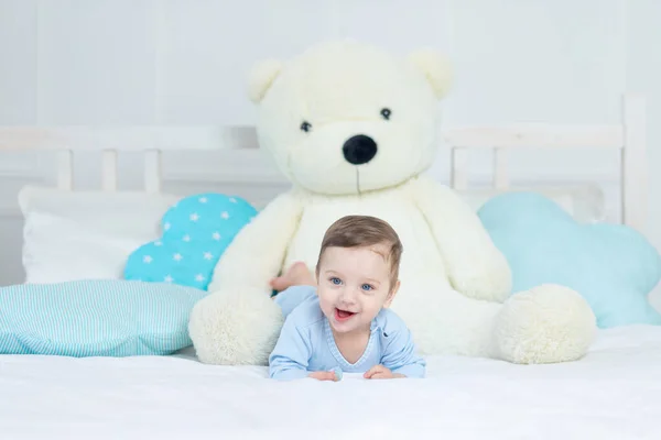 Happy Smiling Baby Boy Bed Big Teddy Bear Blue Bodysuit — 스톡 사진