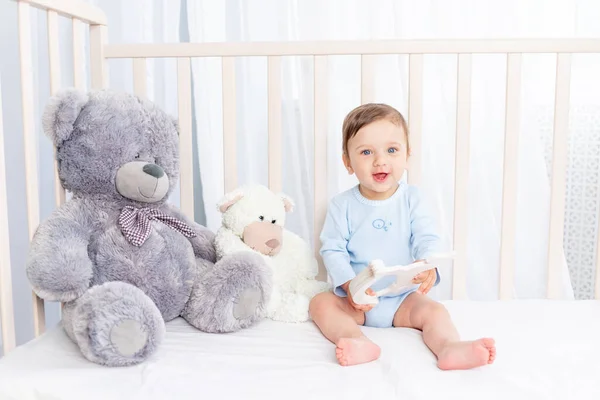 Happy Baby Boy Crib Nursery Wooden Toy Laughing Smiling Cotton — Stock Photo, Image