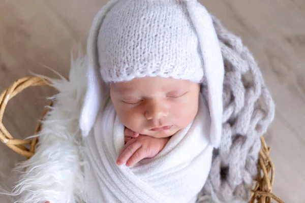 Newborn Baby Sleeps Sweetly Diaper Cocoon Hat Hare Ears Portrait — Stock Photo, Image