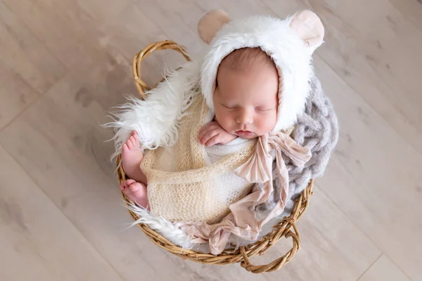 新生児はクマの耳を持つ帽子のオムツ繭で甘く眠る 健康な赤ん坊の睡眠 — ストック写真