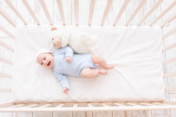 Bebé Cuna Con Juguete Oso Peluche Acuesta Despierta Por Mañana —  Fotos de Stock