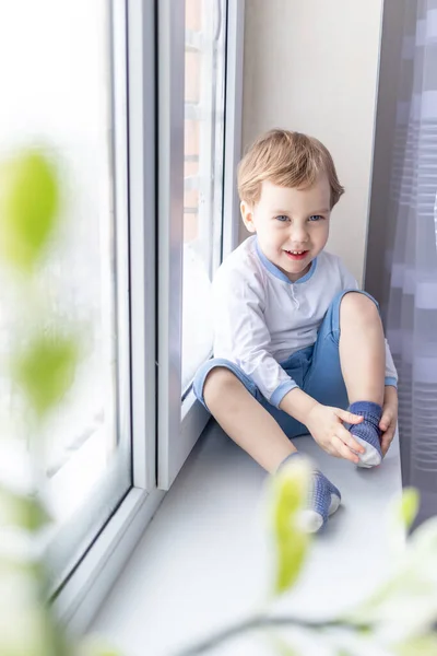 Child Boy Looks Out Window Sitting Window Sill House — Stock Photo, Image