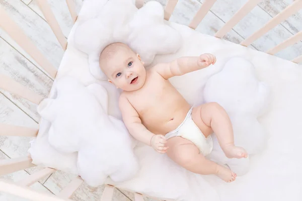 Happy Baby Boy Crib Nursery Cute Funny Laughing Little Baby — Fotografia de Stock