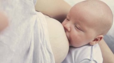 Sevimli, yeni doğmuş erkek bebek kollarında uykuya dalarken annesinin göğüslerini emiyor.